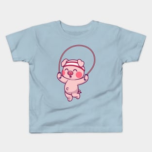 Cute Pig Playing Skipping Rope Cartoon Kids T-Shirt